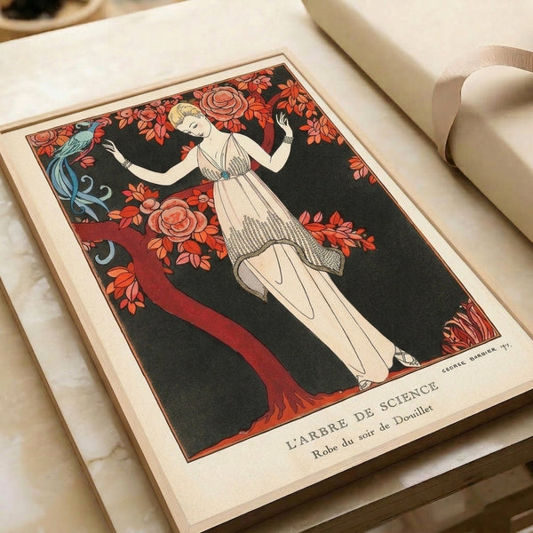 Art Nouveau masterpiece featuring an ethereal woman in coral dress beside a flowering tree with a bird perched nearby, rendered in vintage cream and rust tones on a dark background.