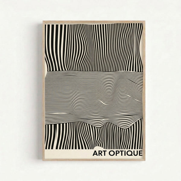 Hypnotic geometric waves in black and white form an op art composition on a modern abstract poster.