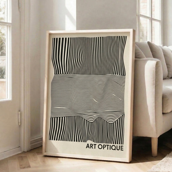 Optical illusion artwork with rhythmic black and white striped waves creating a dynamic, intellectual visual composition.