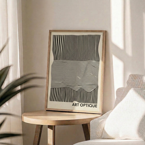 Minimalist op art poster with interlocking kinetic lines and waves that seem to move across the cream background.
