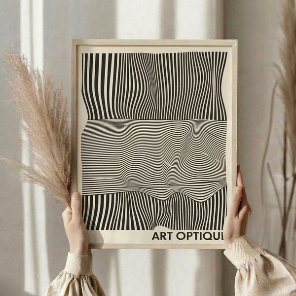 Modern wall art featuring an optical pattern of geometric black lines arranged in flowing abstract waves.