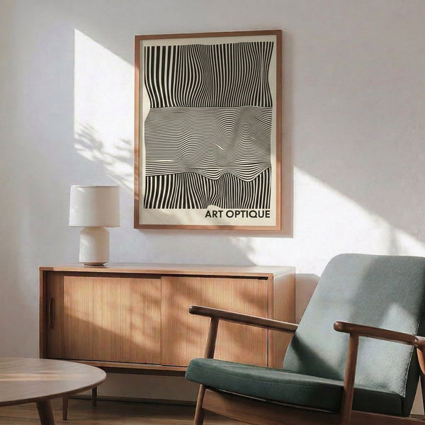 Black and cream minimalist abstract print with mesmerizing kinetic lines creating a sophisticated geometric design.