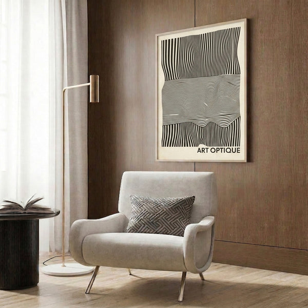 Contemporary framed artwork displaying hypnotic op art with undulating lines in monochromatic tones.