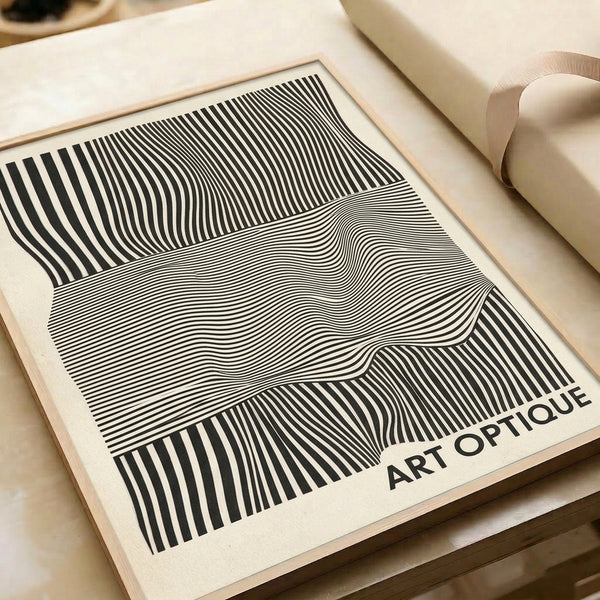 Minimalist kinetic composition in black, cream, and white with rhythmic parallel lines forming an intellectual op art effect.