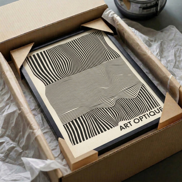 Modern abstract poster featuring interlocking geometric waves and lines in a hypnotic black and cream palette.