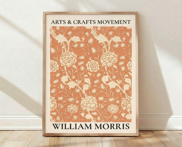 Framed Arts and Crafts Movement poster featuring an elegant botanical pattern with stylized flowers and leaves in terracotta, cream, and tan tones.