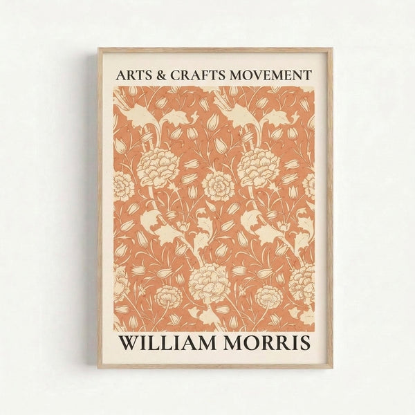 William Morris-inspired art print with ornamental floral and leaf motifs in warm earthy colors, displayed as a framed poster on a wall.