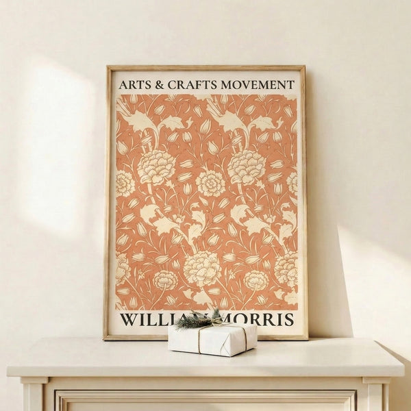Framed wall art featuring an organic, repeating botanical pattern with Art Nouveau styling in warm terracotta and neutral tones.