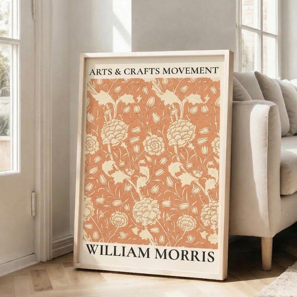 Arts and Crafts Movement poster with elegant stylized flowers and leaves arranged in a flowing, decorative pattern with warm earth tones.