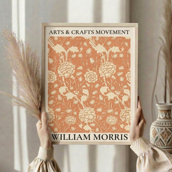 Framed decorative botanical poster featuring stylized flowers and foliage in the Arts and Crafts tradition with earthy warm tones.