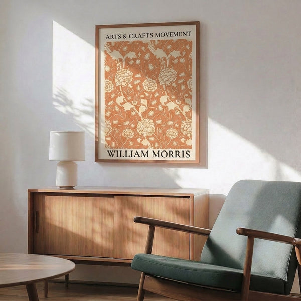 Vintage botanical wall art print with Art Nouveau design elements, showcasing interlocking flowers and leaves in terracotta and cream.