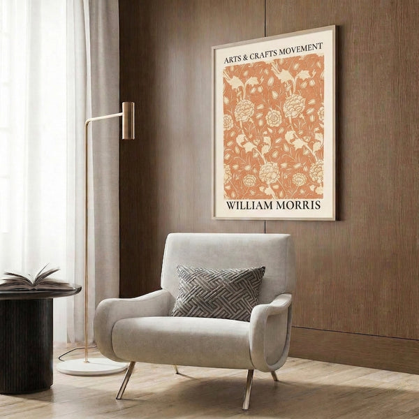 Arts and Crafts Movement-style framed poster with an elegant, organic botanical pattern in warm terracotta, tan, and cream colors.