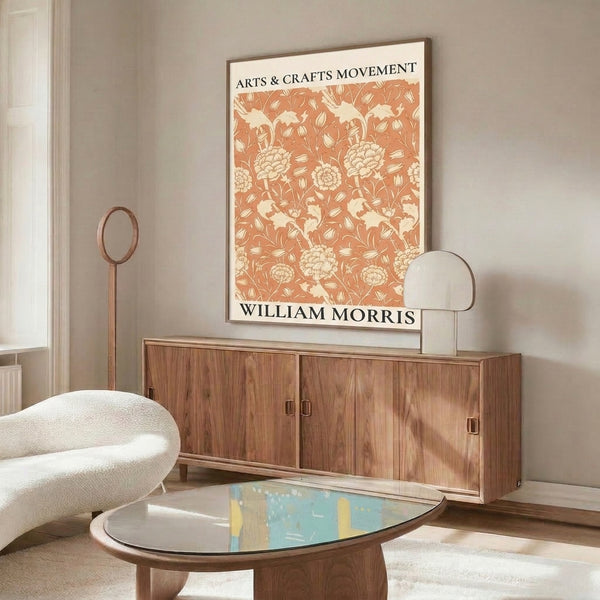 Decorative Art Nouveau floral print featuring stylized botanical motifs in a repeating pattern with warm, earthy terracotta tones.