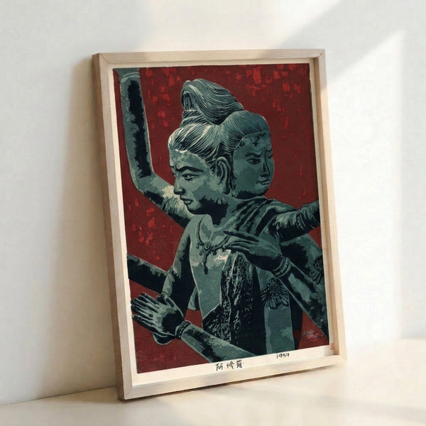 Dramatic dark academia wall art showcasing a figure in armor and sword in bold Bauhaus aesthetic with rich red and gray color scheme.