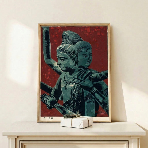 Framed retro futurism poster with warrior imagery in Bauhaus style, featuring deep red, slate gray, and cream palette with heroic mood.