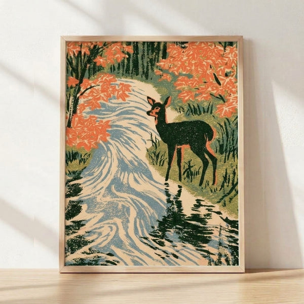 Serene Japanese woodblock print featuring a deer standing by a flowing stream surrounded by autumn maple leaves and forest greenery in coral orange, forest green, and slate blue tones.