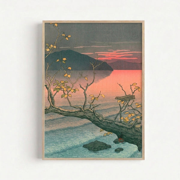 Framed ukiyo-e style artwork showing a tranquil lakeside scene during autumn, featuring dusty orange and golden foliage against misty mountains and calm water in muted teal tones.