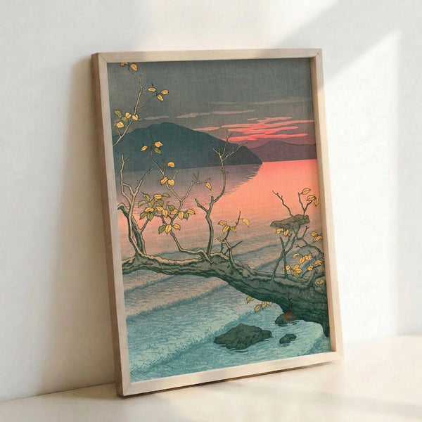 Impressionist-influenced woodblock art of an autumn landscape with a peaceful lake reflecting fall trees in golden and orange hues, surrounded by grey mountains beneath a soft pink sunset sky.