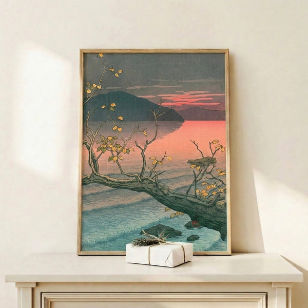 Japanese-inspired woodblock print capturing a melancholic autumn moment: a serene lake lined with golden-leaved trees, shadowy mountain silhouettes, and a coral-tinted twilight reflected in deep teal water.