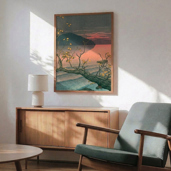 Ukiyo-e woodblock-style poster of an autumn lake at dusk, featuring layered compositions of grey-blue mountains, ochre and golden foliage, and a serene water surface glowing with dusty coral and pink light.