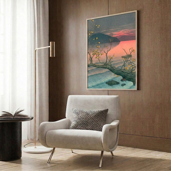 Japanese woodblock print depicting autumn's quiet beauty: a still lake reflecting golden trees and distant grey peaks under a warm sunset sky in shades of coral, pink, and deep teal.