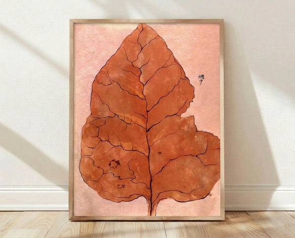 Minimalist line art botanical print featuring a single rust-colored leaf with delicate ink strokes on cream background, evoking serene japandi aesthetics.