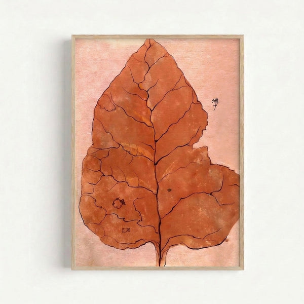 Framed watercolor and ink study of an autumn leaf in terracotta and blush tones, rendered in sparse minimalist linework for a meditative zen aesthetic.