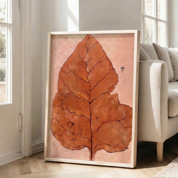 Serene minimalist poster showcasing a single leaf form in terracotta watercolor and ink, exemplifying quiet japandi wall art sensibility.