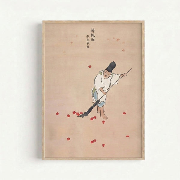 Japandi wall art print depicting a solitary man sweeping fallen leaves in wabi-sabi style, featuring muted cream and blue-green palette with zen garden elegance.