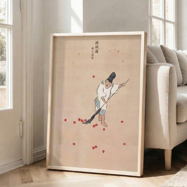 Contemplative wall poster showing leaf-sweeping figure in simplified japandi style, soft red and blue-green accents against neutral cream and grey tones.