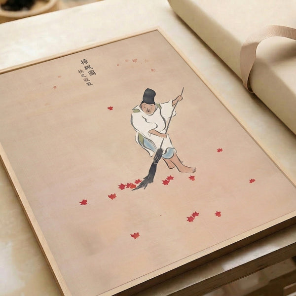 Wall art print blending Japanese aesthetics with japandi minimalism, depicting a man sweeping leaves in soft red, blue-green, cream, and charcoal creating peaceful garden meditation scene.
