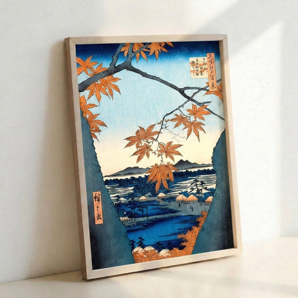 Ukiyo-e style framed poster showing a tranquil autumn scene with vibrant orange maple foliage, charcoal mountains, and a serene water landscape in classic Japanese woodblock technique.
