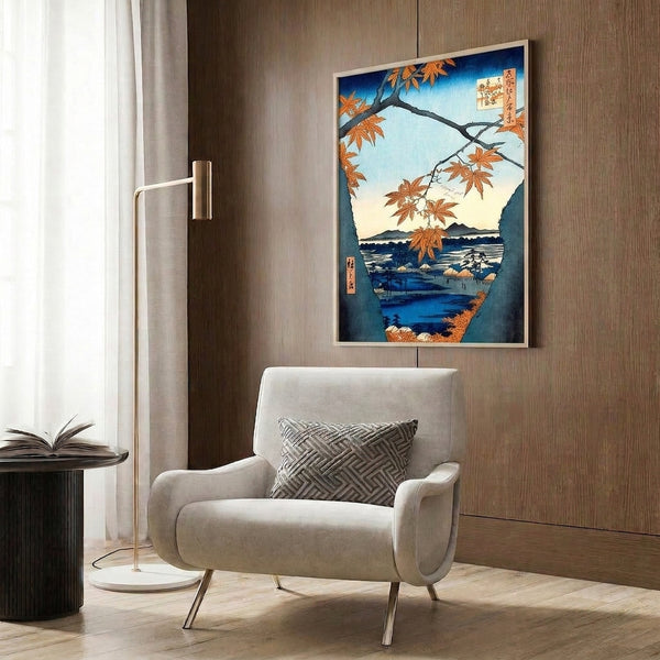 Contemplative woodblock print merging autumn maple trees in warm orange and cream tones with a cool blue and charcoal palette for a sophisticated, seasonally elegant landscape composition.