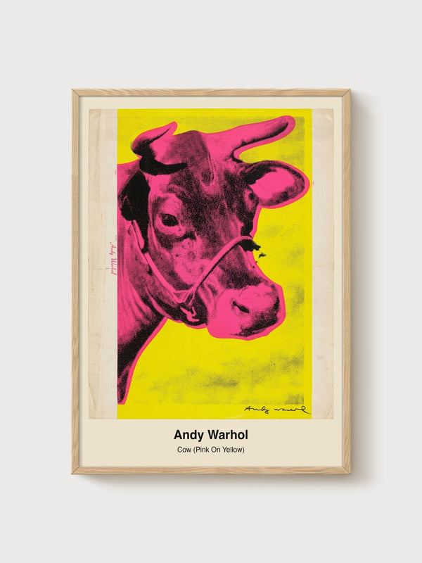 Andy Warhol Cow Pink On Yellow Poster poster in oak frame