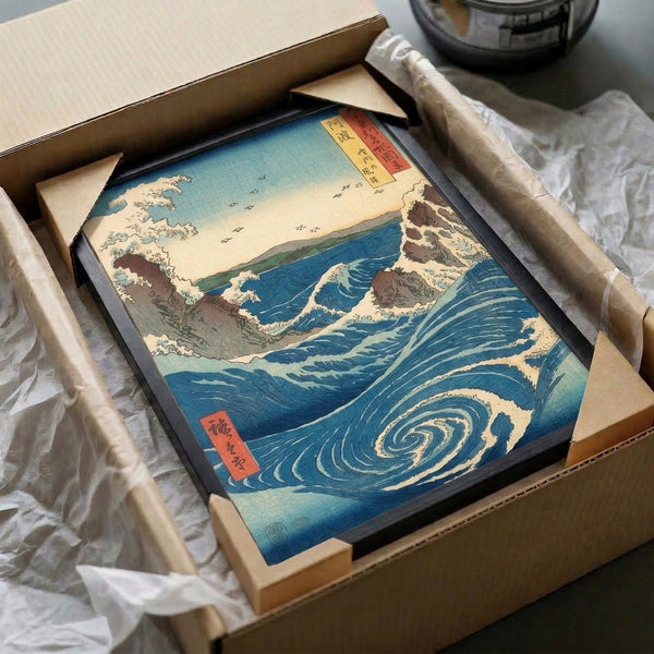 Vintage Japanese woodblock-style poster art featuring the Awa Naruto whirlpool in prussian blue and turquoise waters with cream and brown tones, rocky landscape, mountains, and birds in dramatic composition.