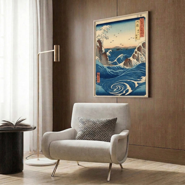 Japanese woodblock-style poster displaying a dramatic water whirlpool rendered in deep blue and indigo, with coastal elements and flying birds against a pale cream and rust sky.
