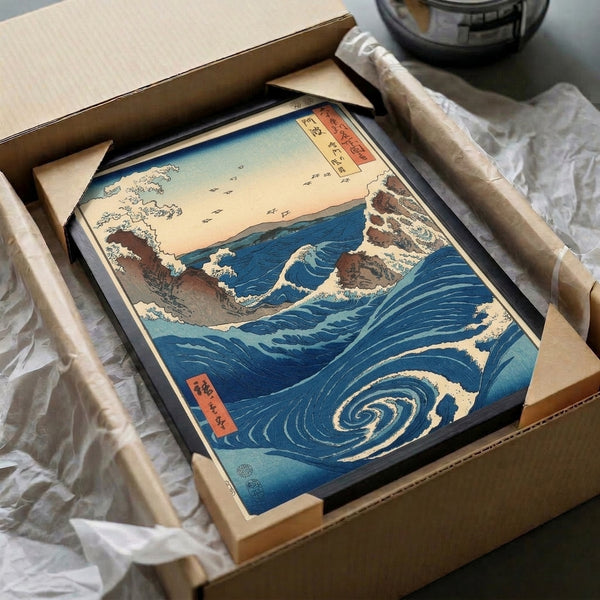 Art print capturing a powerful naruto whirlpool landscape in rich blue tones with cream, rust, and indigo details, featuring rocky cliffs and birds in a contemplative composition.