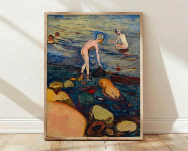 Framed art print of Badende, an expressive watercolor painting depicting bathers by the shore in muted blues and earth tones, conveying a contemplative coastal mood.