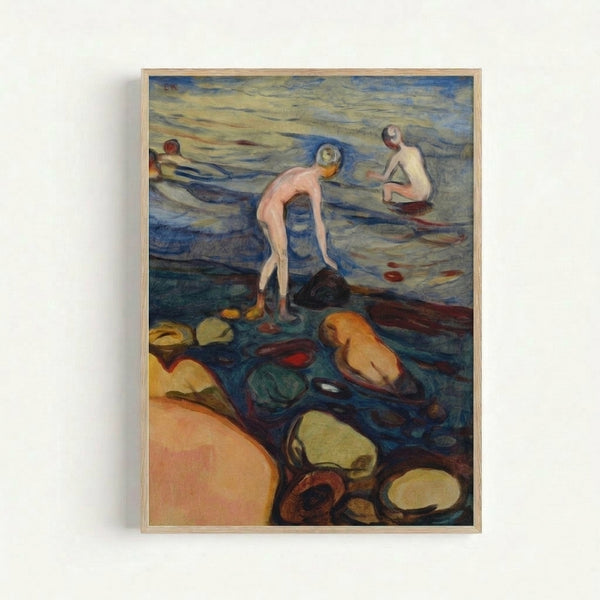 Modern wall art featuring Badende, a fluid watercolor composition showing figures at a beach with soft, atmospheric colors and introspective atmosphere.