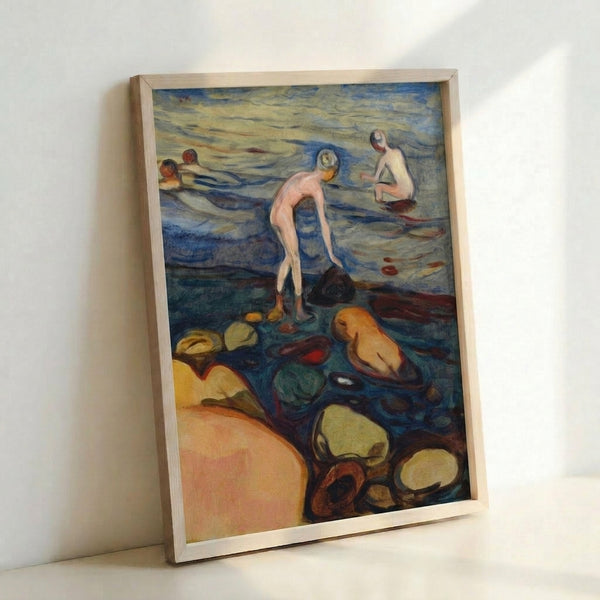 Badende poster print displaying a serene beach scene rendered in delicate watercolor with cool blue and warm ochre hues, evoking quiet reflection.