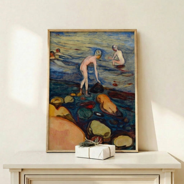 Framed poster of Badende, an impressionistic watercolor artwork capturing bathers in a tranquil seaside setting with muted, harmonious colors.