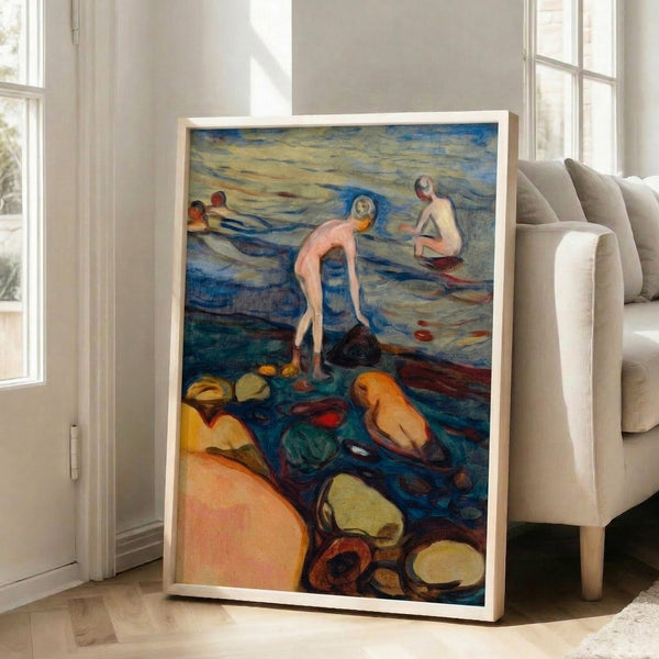 Art print of Badende showcasing an expressive interpretation of beach life through soft watercolor washes in blues, greens, and warm neutral tones.