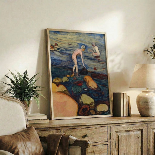 Badende wall art, a contemplative watercolor painting of figures at the shore blending cool and warm pigments in a peaceful, meditative composition.