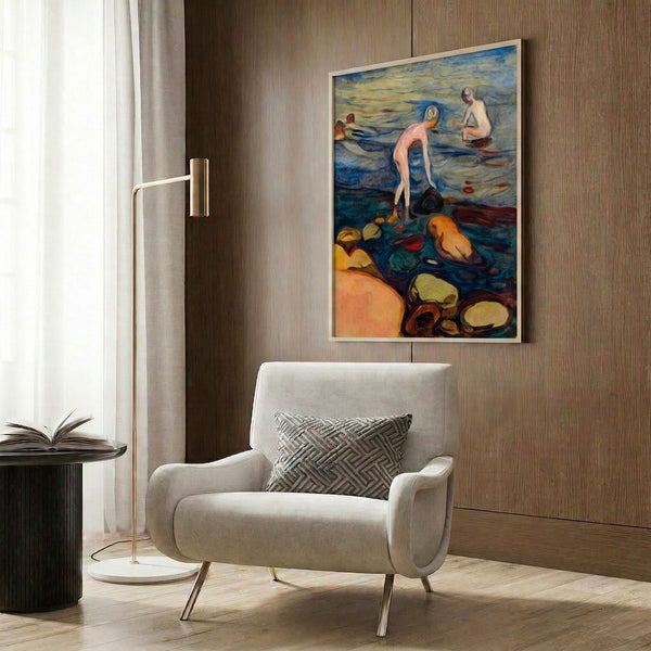 Framed Badende print featuring an atmospheric watercolor beach scene with bathers rendered in subtle blues and earth tones, creating an introspective mood.