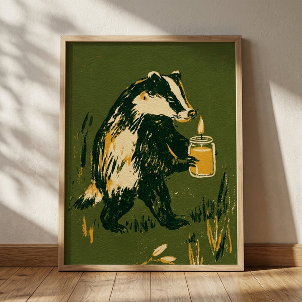 Whimsical vintage-style illustration of a badger holding a glowing lantern jar, rendered in olive green, cream, and golden yellow tones with a contemplative, cozy mood.