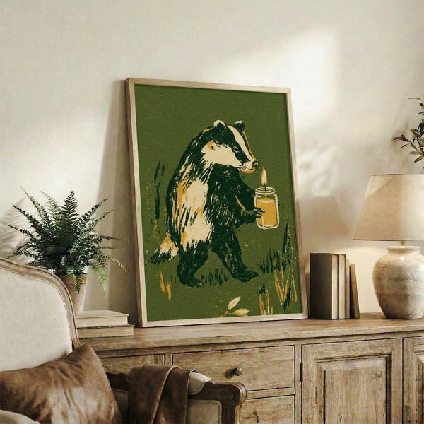 Retro folk art poster featuring a badger cradling an illuminated candle jar amid grass, painted in earthy forest greens and warm cream hues with a cottagecore aesthetic.