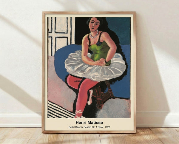 Minimalist line art poster of a seated ballet dancer in ochre, black, and white, capturing a contemplative moment on a stool in the style of Henri Matisse.