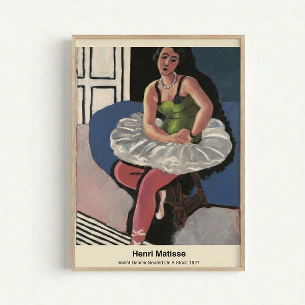 Modern framed print featuring a weary female dancer seated on a stool, rendered in simple black lines against a tan and white background.