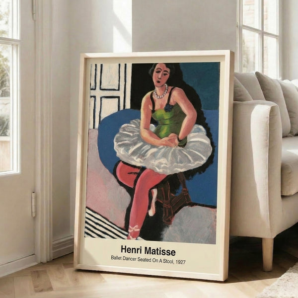 Matisse-inspired line drawing of a woman dancer resting on a stool, displaying contemplative mood through minimal artistic composition in neutral colors.