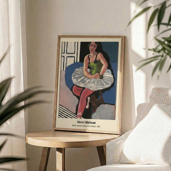 Minimalist poster art depicting a weary dancer perched on a stool, rendered in simple expressive lines with warm and cool neutral tones.